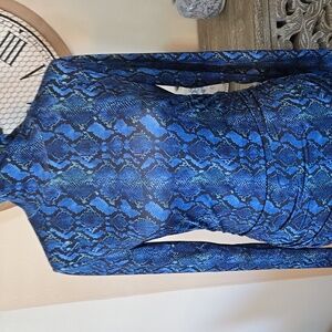 Boston Proper Royal Blue  Snake Print Long Sleeve Mock Neck With Ruching NWOT